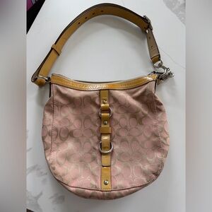 Coach Pink Canvas Signature Hobo with Tan Leather Accents